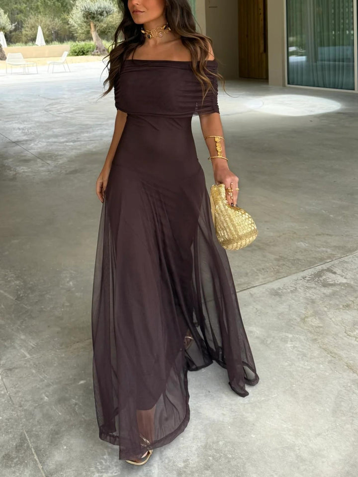 Flowing A-line off-shoulder maxi dress for women, ideal for special occasion and party wear.