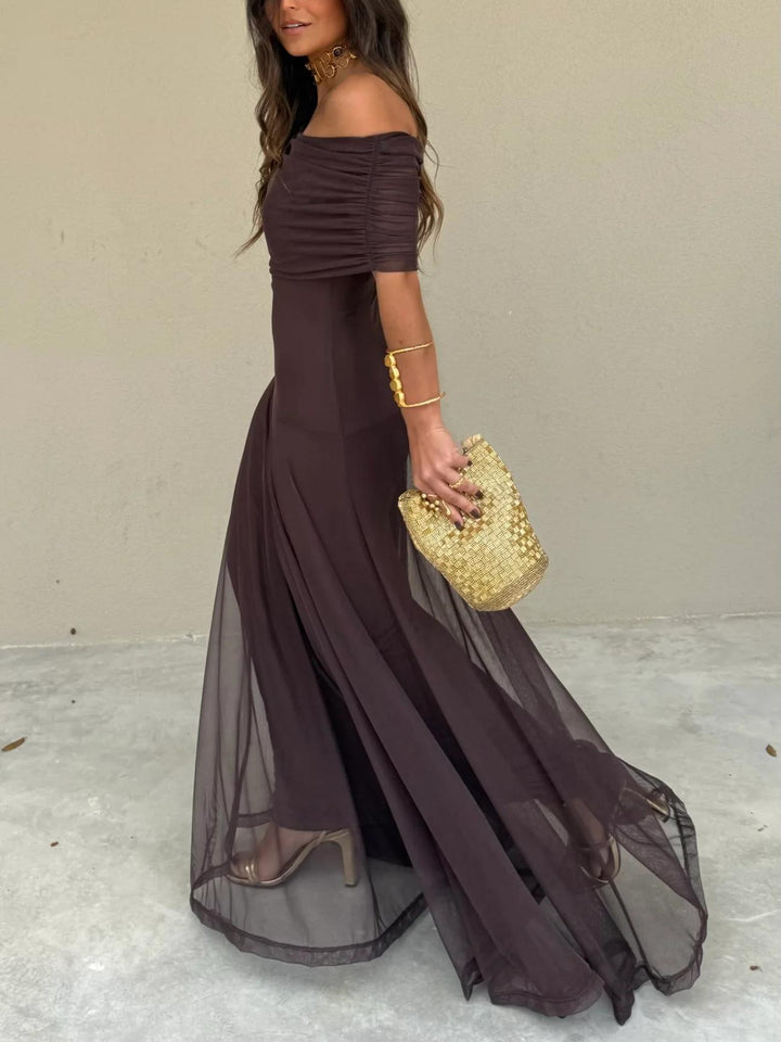 Women's formal off-shoulder maxi dress in a beautiful brown, featuring a flowing silhouette.