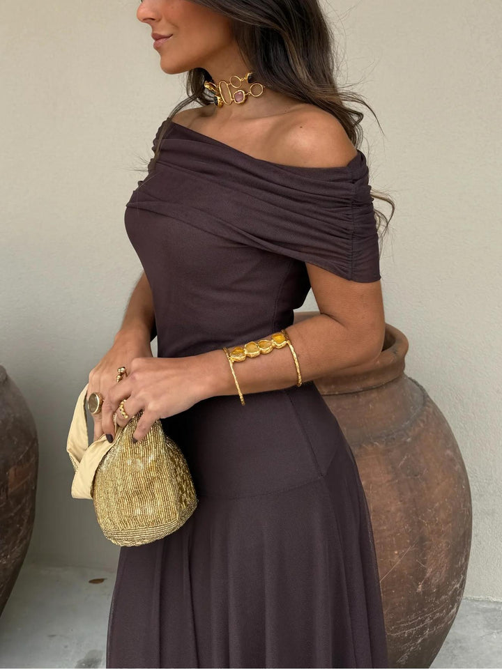Chic women's brown off-shoulder maxi dress, perfect for evening parties and special formal events.