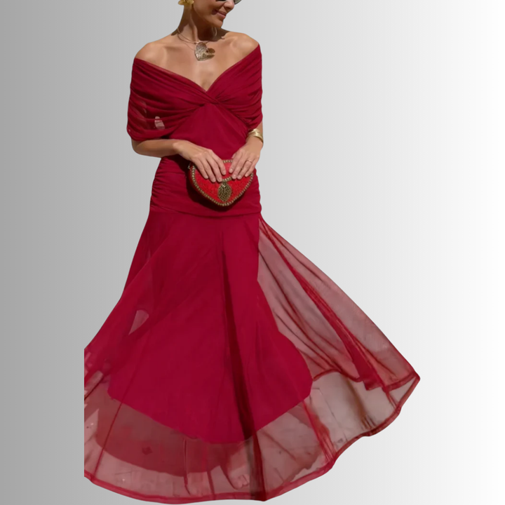 Elegant women's off-shoulder formal maxi dress, ideal for special occasion wear & evening events.