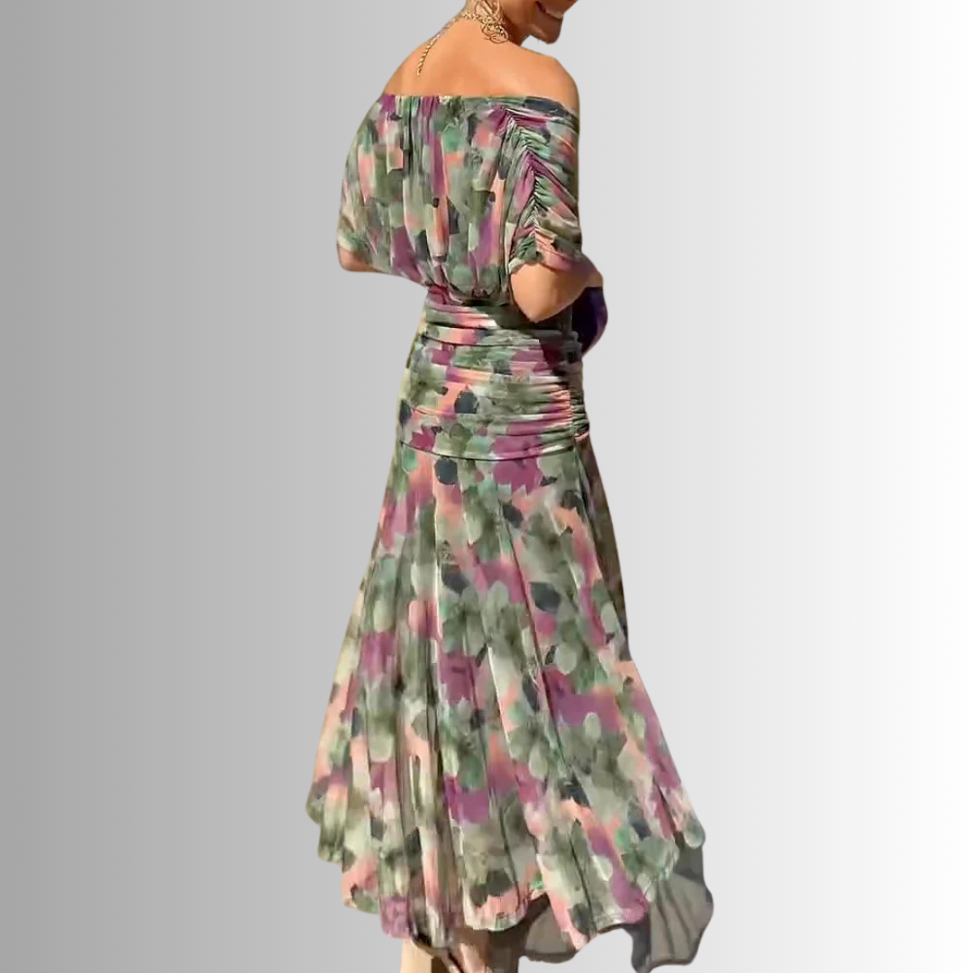 Flowing off-shoulder evening maxi dress for women, a chic and elegant choice for any party.