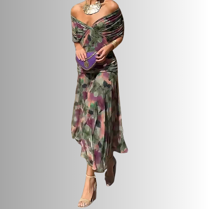 Women's stunning off-shoulder maxi dress, perfect as a formal evening gown or wedding guest attire.