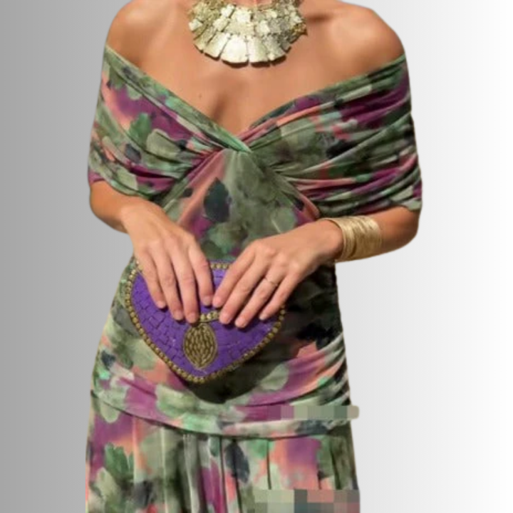 Chic women's off-shoulder maxi dress, an elegant evening gown for parties, wedding guests & special events.