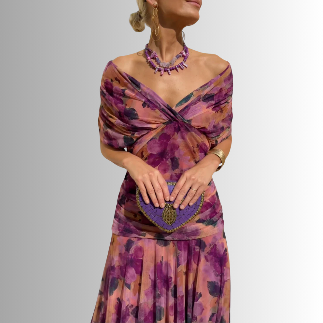 Flowing off-shoulder women's maxi dress, a beautiful formal gown perfect for evening events & special occasions.