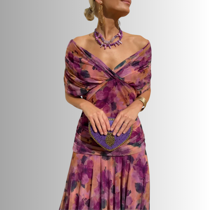 Flowing off-shoulder women's maxi dress, a beautiful formal gown perfect for evening events & special occasions.