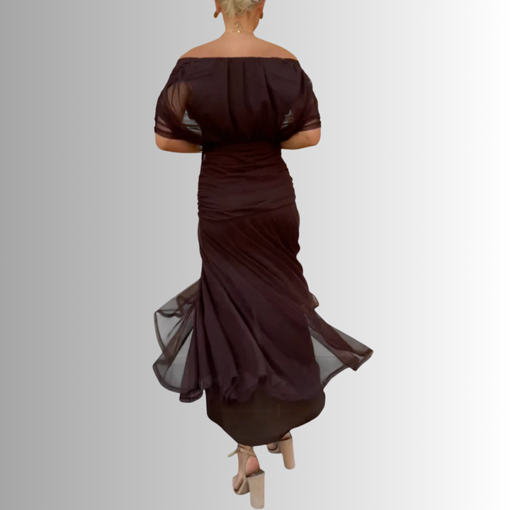 Chic women's off-shoulder formal maxi dress, perfect for elegant evening parties & special occasions.