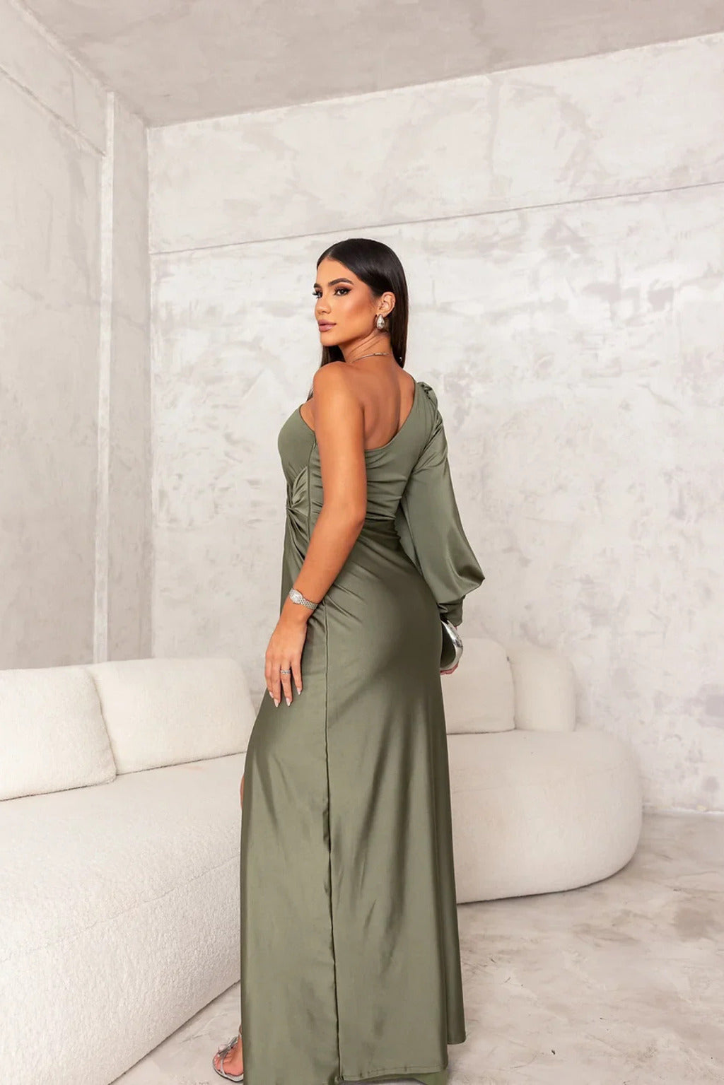 Beautiful one-shoulder satin formal gown. Draped long evening dress, ideal for wedding guests & parties.