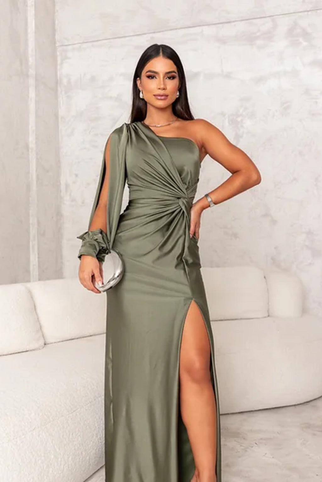 Elegant one-shoulder draped evening dress. Long satin formal gown for special occasions & cocktail parties.