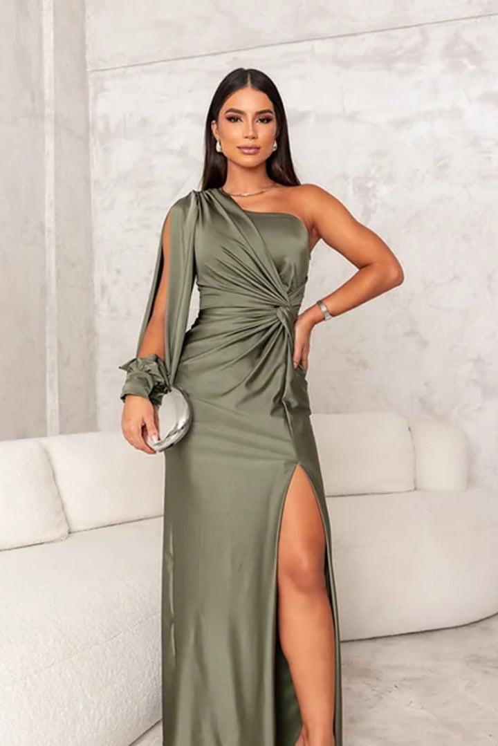 Elegant one-shoulder draped evening dress. Long satin formal gown for special occasions & cocktail parties.