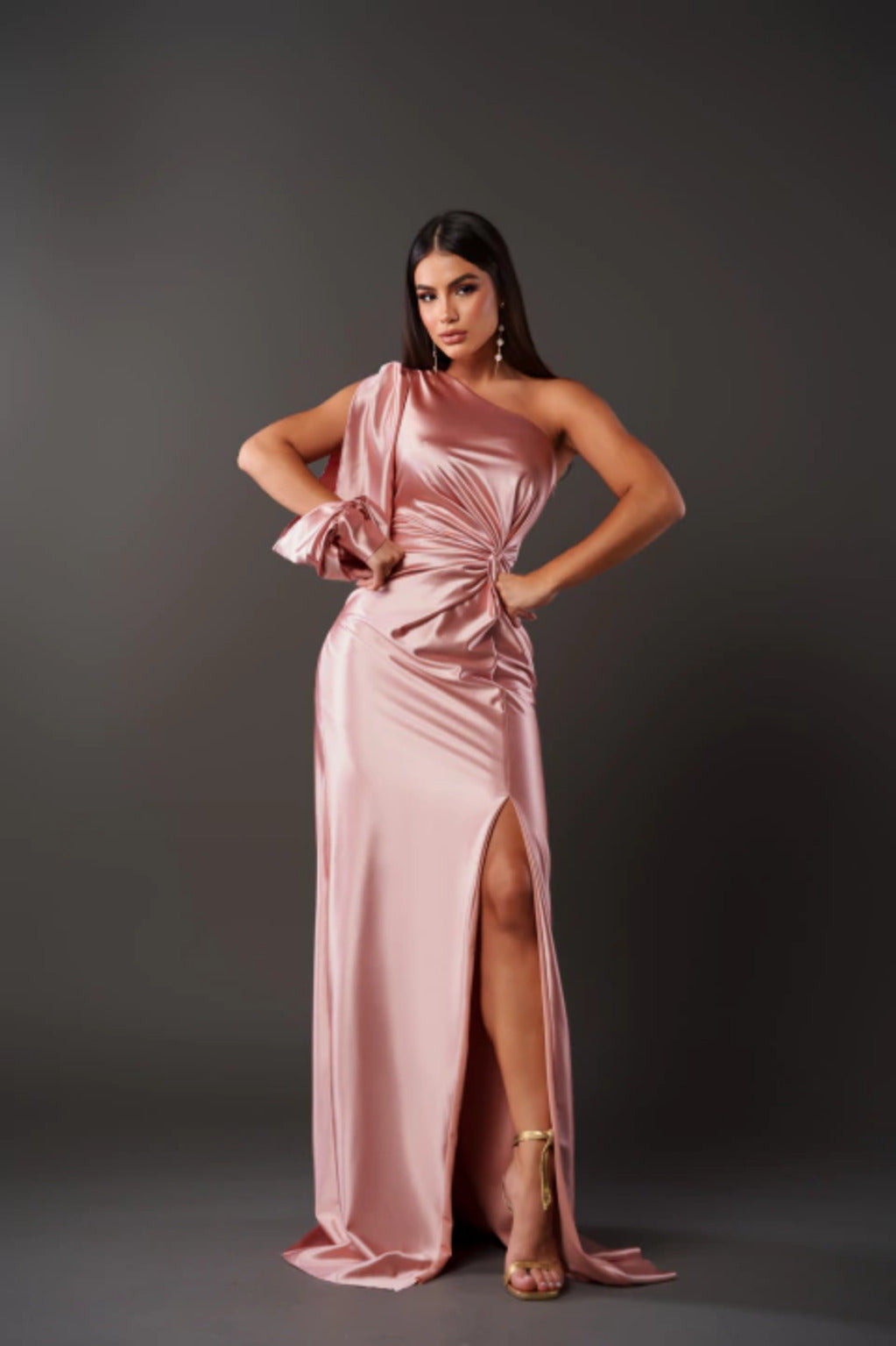 Glamourous one-shoulder long satin gown. Draped formal dress for wedding guests & evening events.