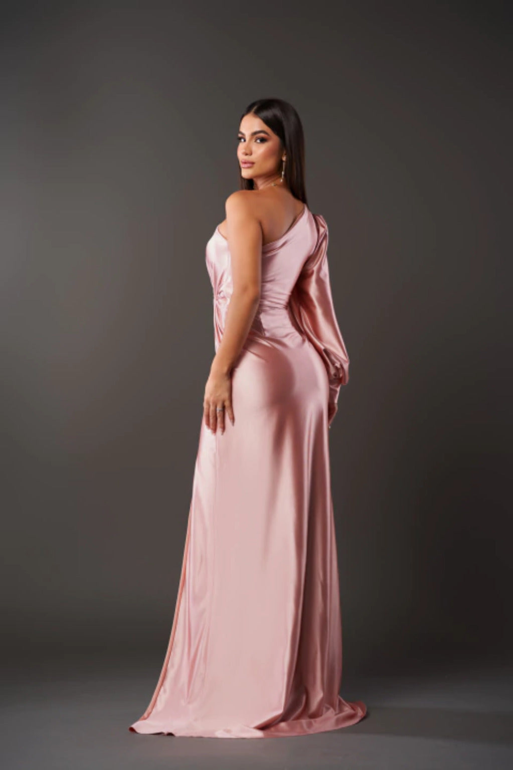 Women's elegant one-shoulder evening gown. Chic draped long satin dress for formal parties & occasions.