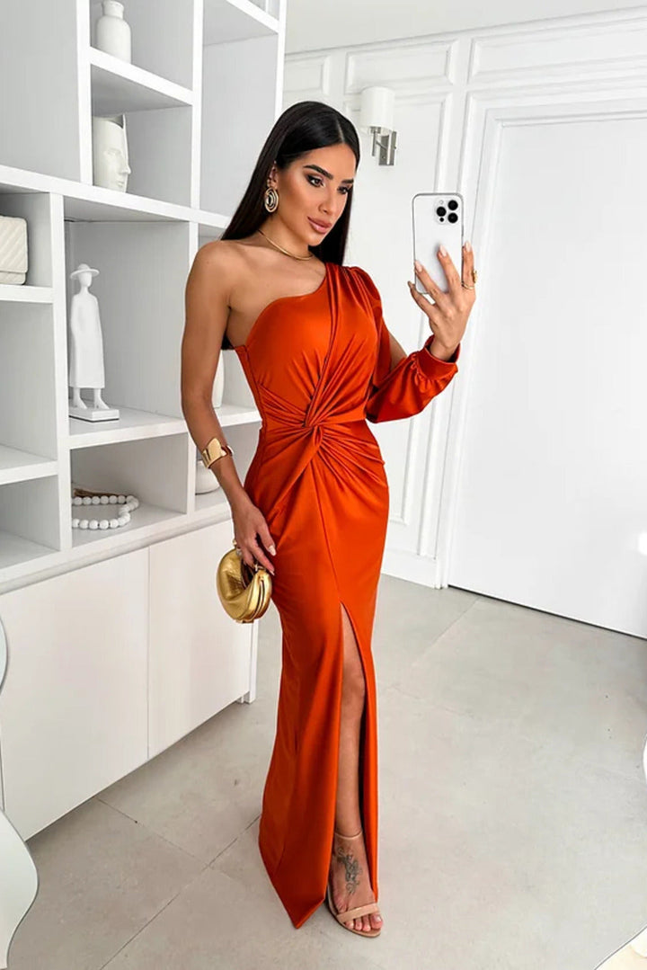 Women's elegant one-shoulder draped gown. Long satin formal dress for wedding guests & evening parties.
