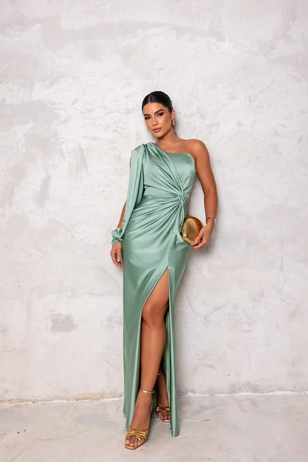 One-shoulder satin evening gown. Long draped formal dress, perfect for wedding guests & special occasions.