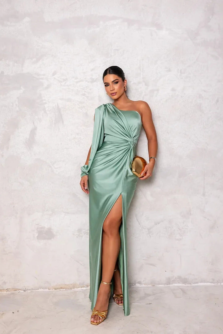 One-shoulder satin evening gown. Long draped formal dress, perfect for wedding guests & special occasions.