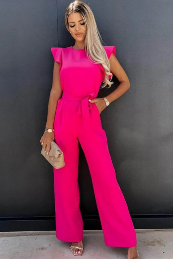 Rear view of an elegant women's open-back high-waist jumpsuit, highlighting the chic design and modern style.