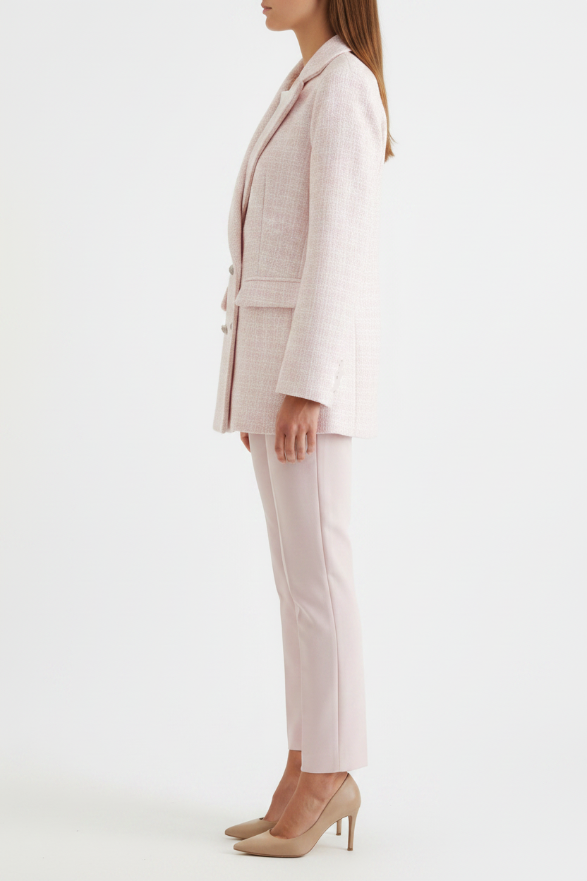 Modern women's elegant pink blazer jacket. Versatile fashion outerwear, great for work or smart casual.