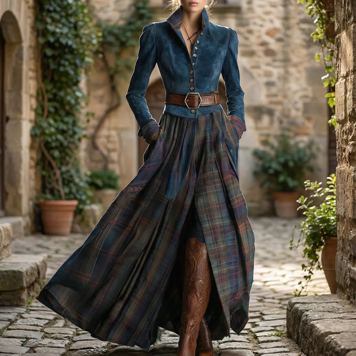 Women's elegant plaid maxi dress with long sleeves, stand collar, and full skirt; perfect for fall/winter vintage style.