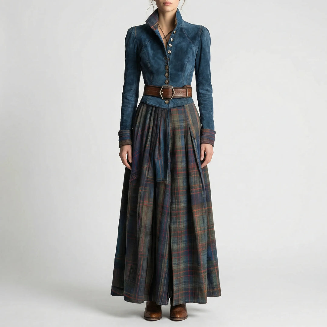 Comfortable women's plaid maxi dress featuring long sleeves, a stand collar, and practical pockets. Elegant fall fashion.