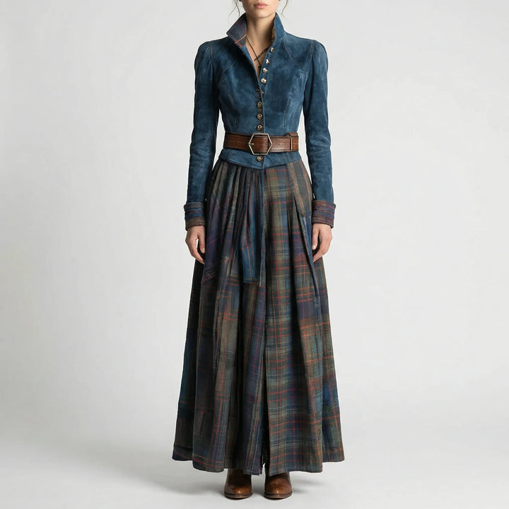 Comfortable women's plaid maxi dress featuring long sleeves, a stand collar, and practical pockets. Elegant fall fashion.