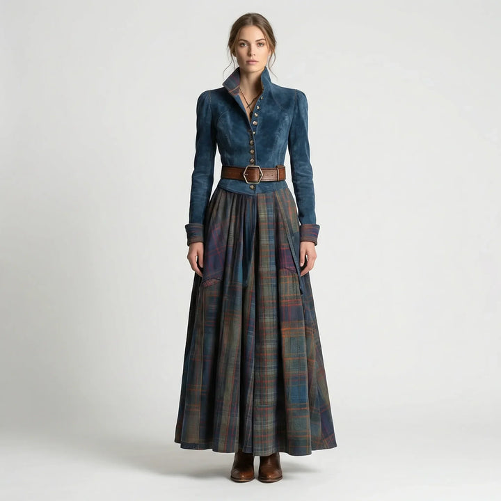 Elegant women's plaid maxi dress with a stand collar, full skirt, and long sleeves; a timeless bohemian fall/winter look.