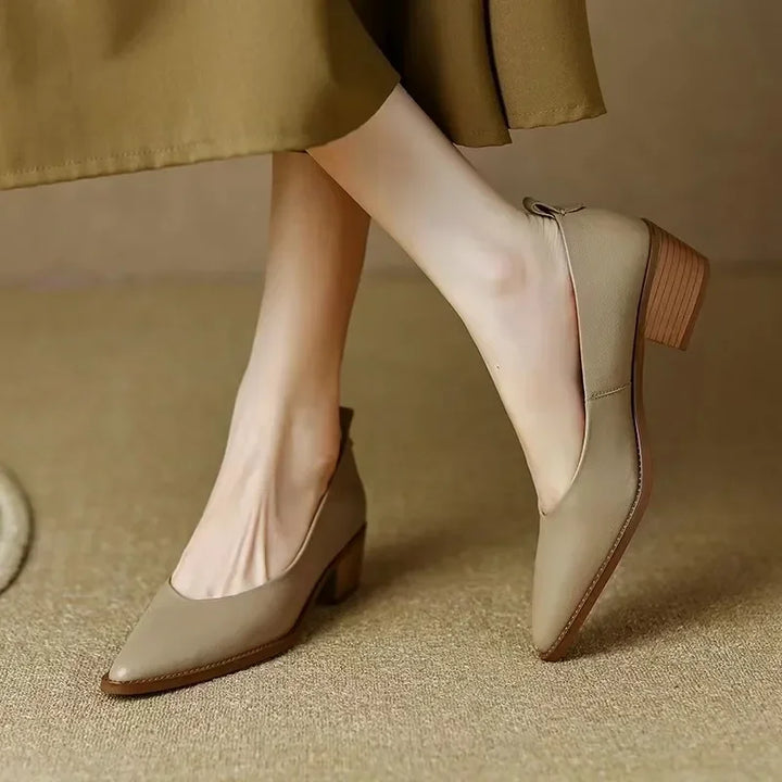 Women's elegant pointed toe slip-on mid block heel court shoes. Versatile & professional.