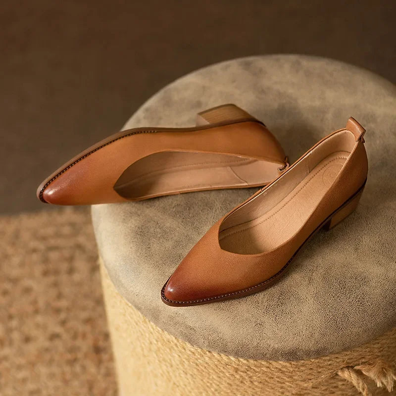 Women's comfortable pointed toe block heel court shoes. Slip-on, suitable for professional & smart casual.