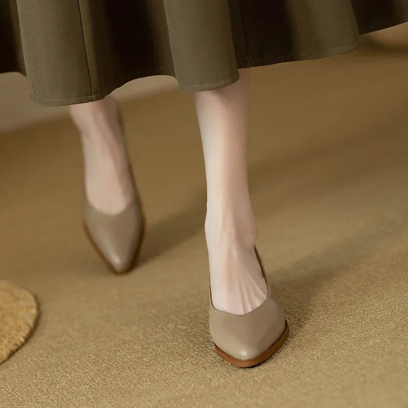 Professional brown women's block heel court shoes. Pointed toe slip-on design for smart casual.
