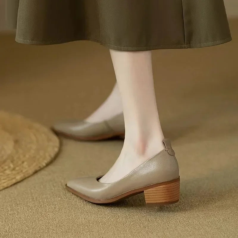 Slip-on pointed toe court shoes for women. Mid block heel ensures comfortable, elegant professional wear.
