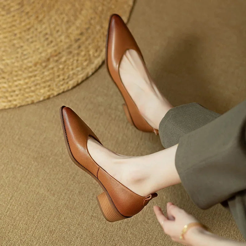 Women's pointed toe block heel court shoes, slip-on. Elegant, professional, comfortable, versatile.
