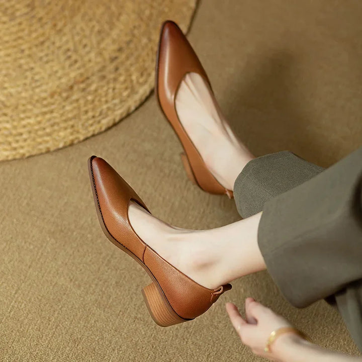 Women's pointed toe block heel court shoes, slip-on. Elegant, professional, comfortable, versatile.