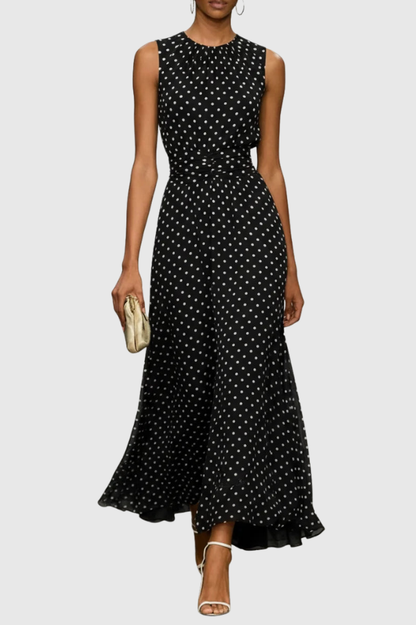 A-line women's polka dot maxi dress featuring a chic halter keyhole neckline, sleeveless design, and ruffle hem.
