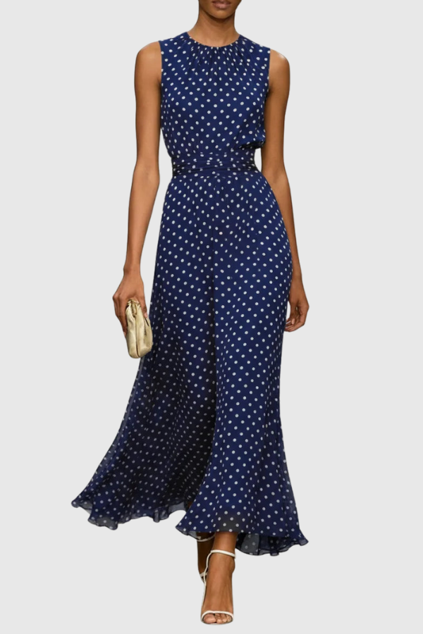 Elegant women's polka dot halter keyhole maxi dress, a stylish and comfortable summer or vacation outfit.