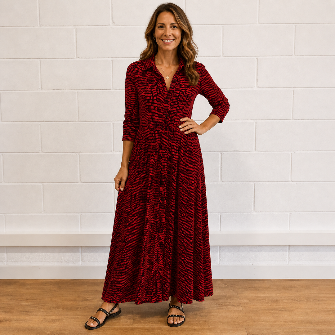 Versatile women's printed button-front maxi dress with a collar. Long sleeve, relaxed fit for all-season feminine style.