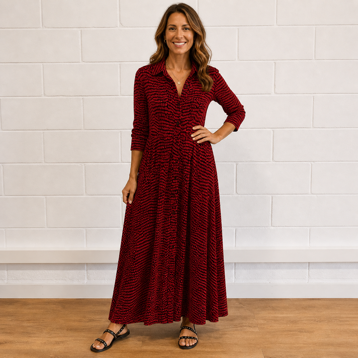 Versatile women's printed button-front maxi dress with a collar. Long sleeve, relaxed fit for all-season feminine style.