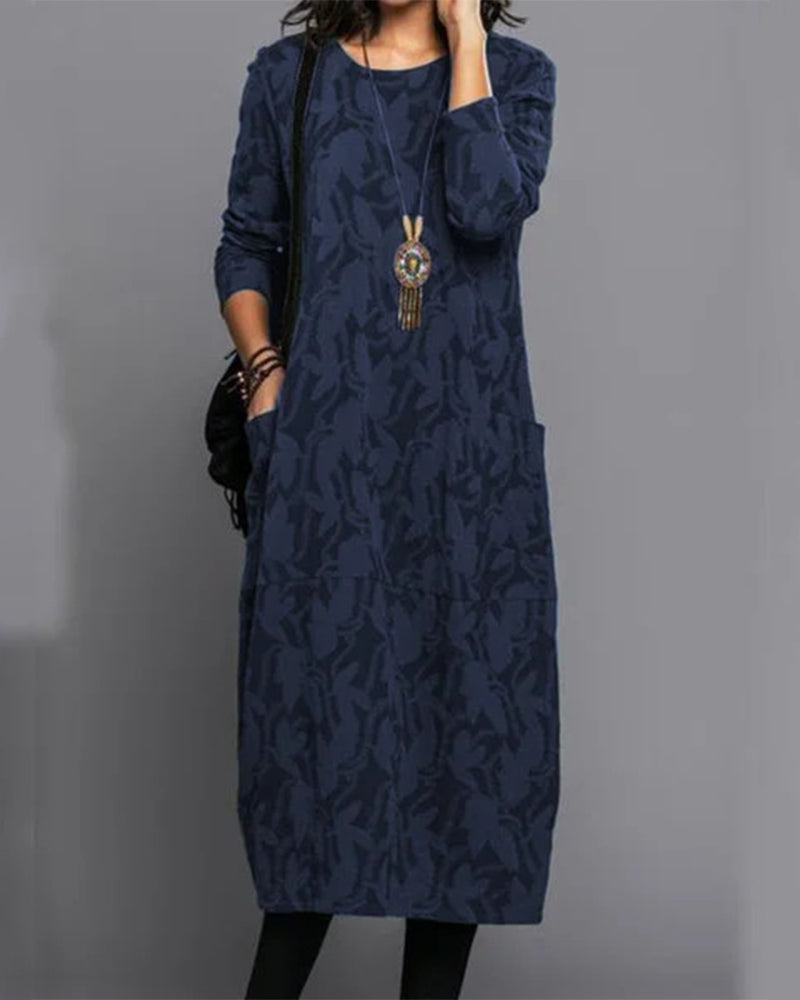 Comfortable and chic women's long-sleeve midi dress with elegant print, suitable for various occasions.