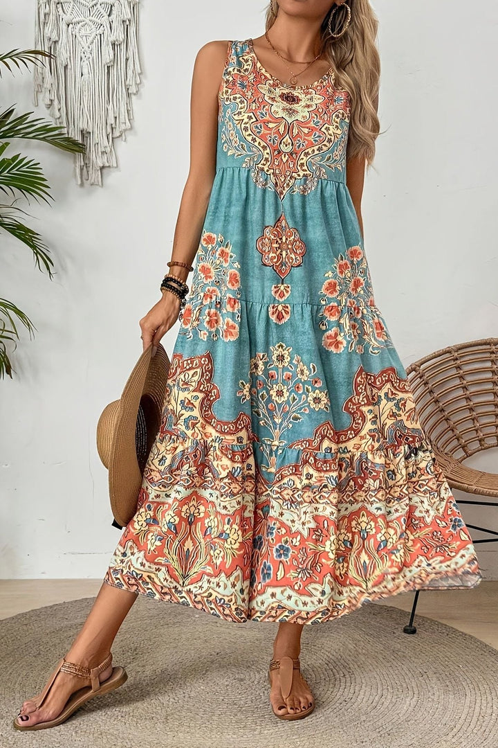 Women's elegant printed maxi dress, perfect for effortless summer style & comfort.