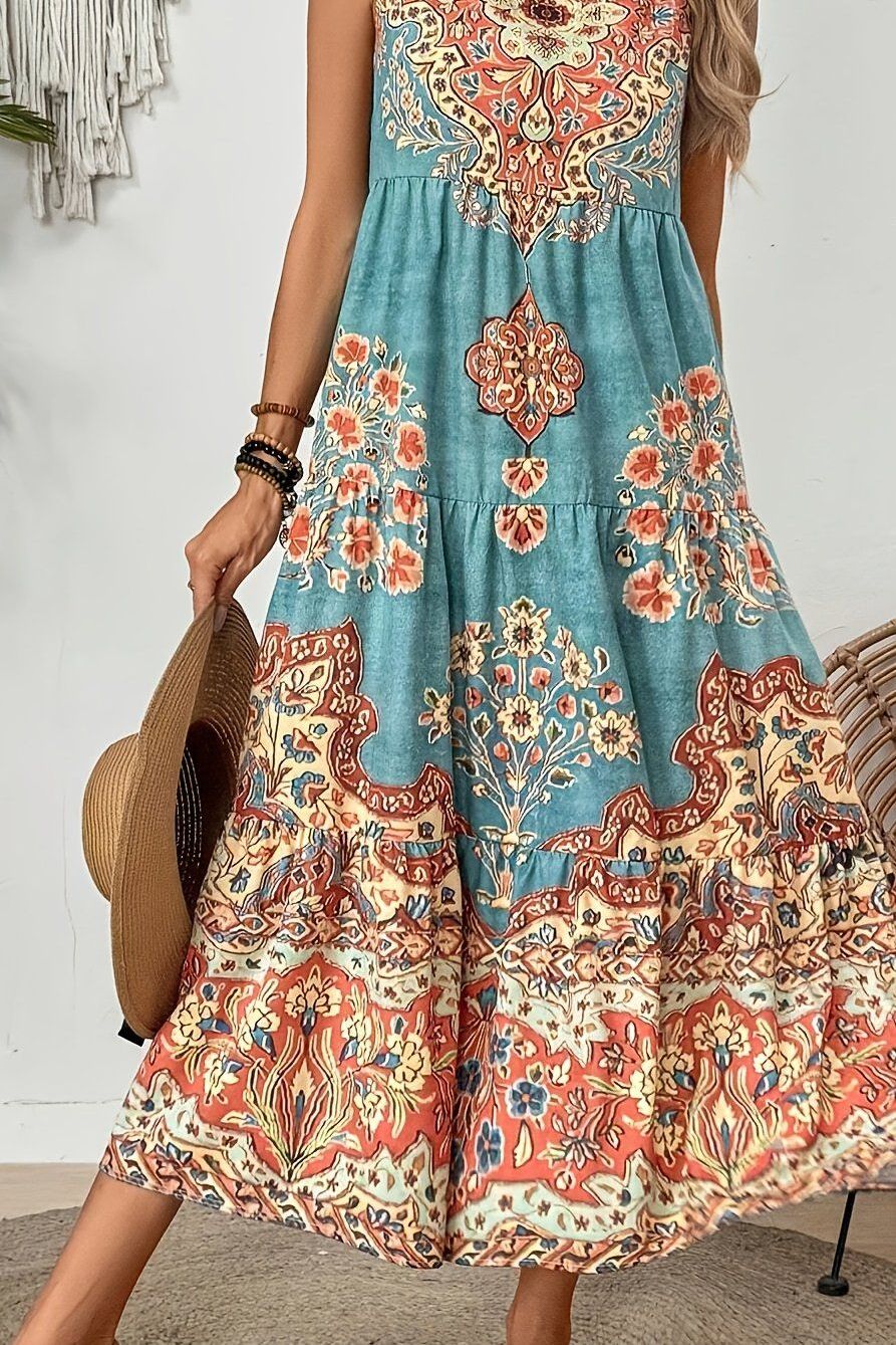Sophisticated printed maxi dress for women, blending elegant style with comfortable, flowy fashion.