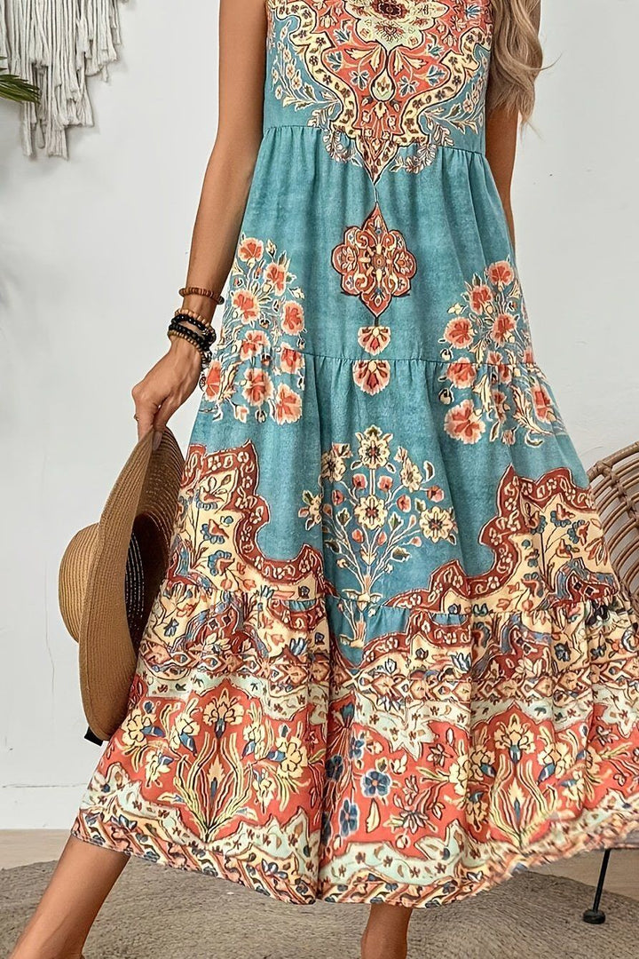 Sophisticated printed maxi dress for women, blending elegant style with comfortable, flowy fashion.
