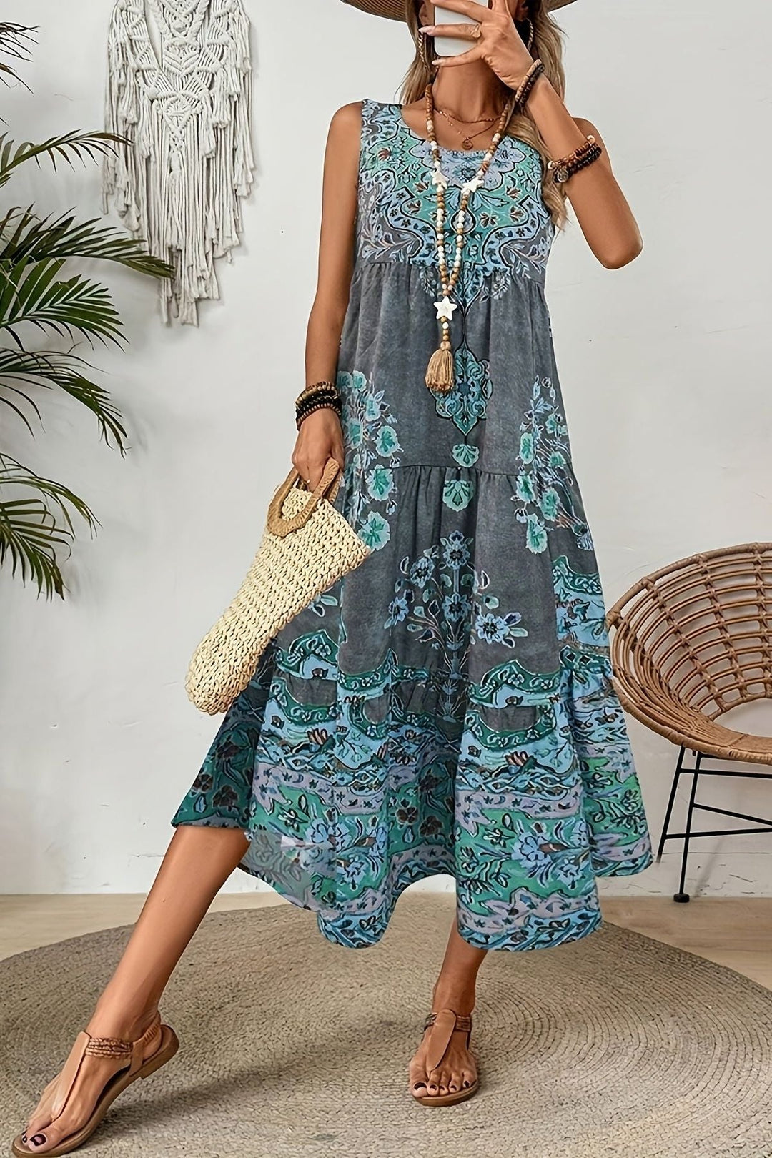 Flowy printed maxi dress for women, offering a flattering fit & chic day or occasion wear.