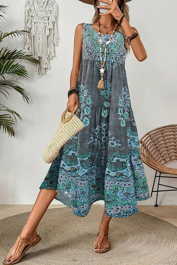 Flowy printed maxi dress for women, offering a flattering fit & chic day or occasion wear.