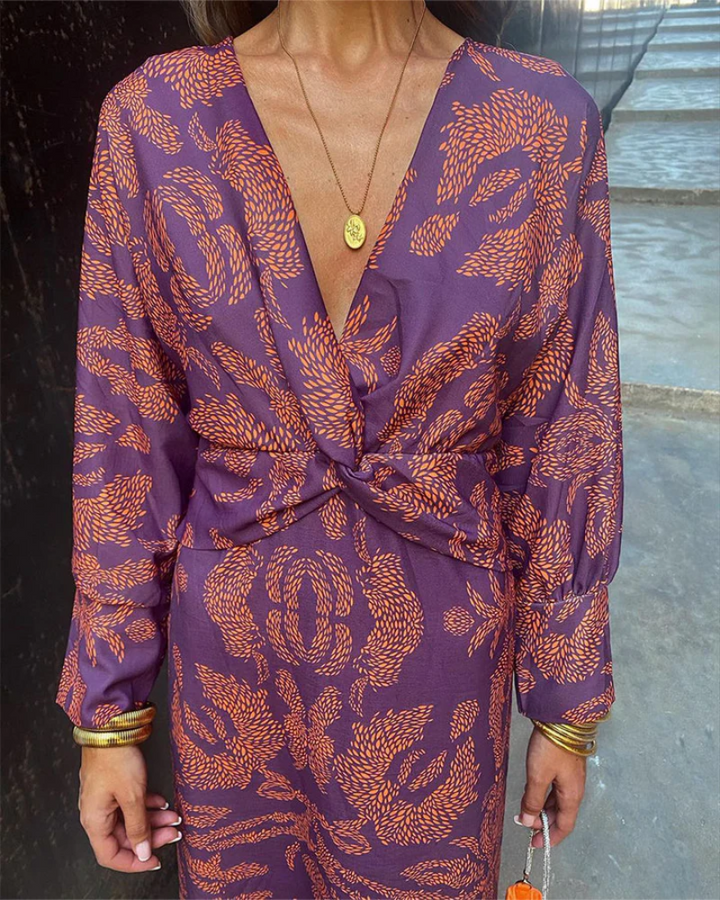 Women's floral printed v-neck long sleeve maxi dress, a sophisticated choice for any wedding guest.