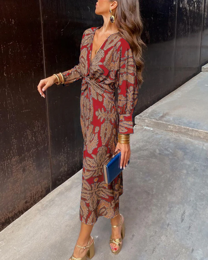 Flowy women's printed v-neck long sleeve wedding guest maxi dress, comfortable & stylish.