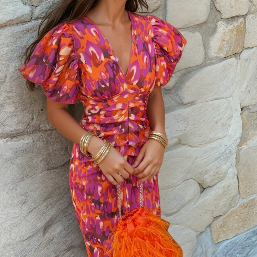 Women's elegant printed V-neck midi wedding guest dress with puff sleeves and ruched detailing, perfect for special occasions.