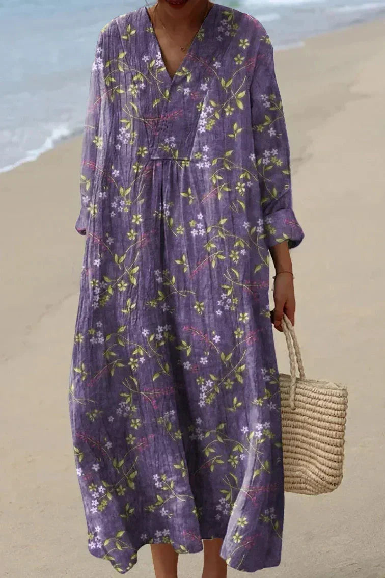 Women's elegant purple floral blossom long-sleeve V-neck dress, relaxed fit for spring/summer special occasions.