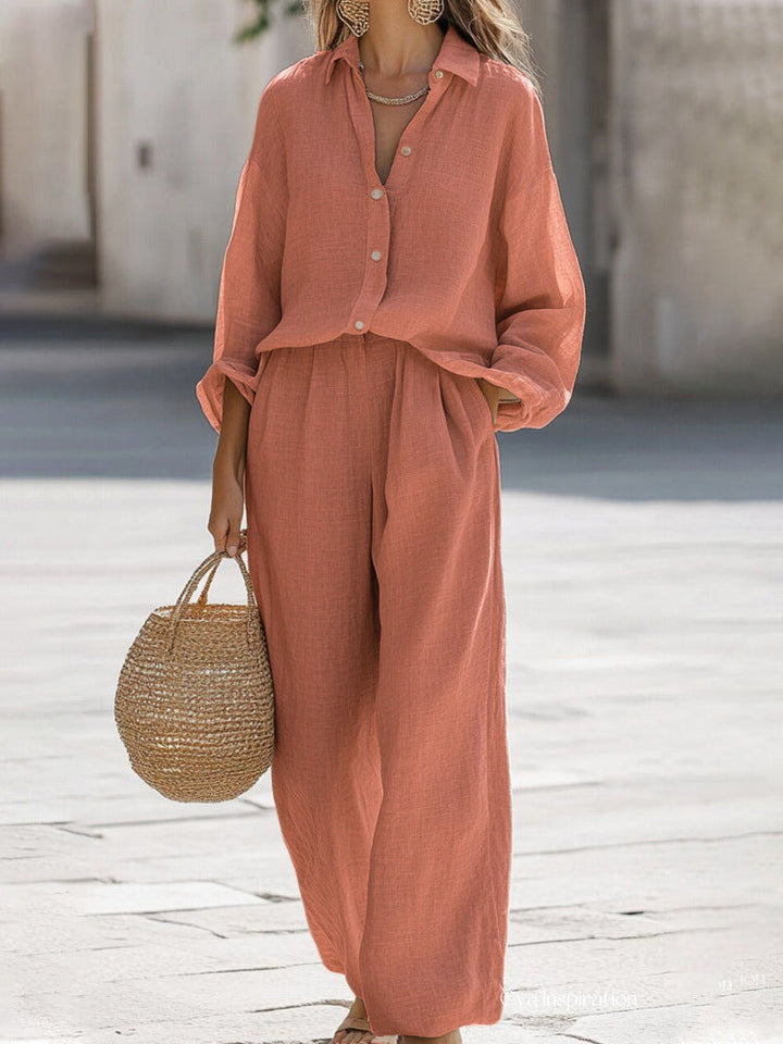 Elegant women's summer matching set: relaxed fit blouse & coordinating pants.