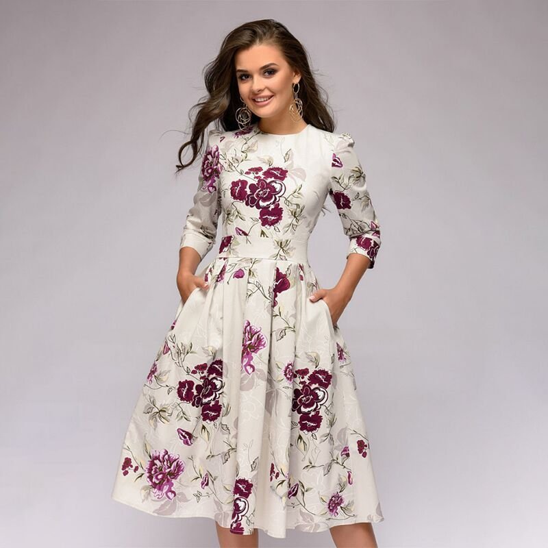 Women's Elegant Retro A-Line Midi Dress with 3/4 puffed sleeves. Perfect for party or vintage fashion.