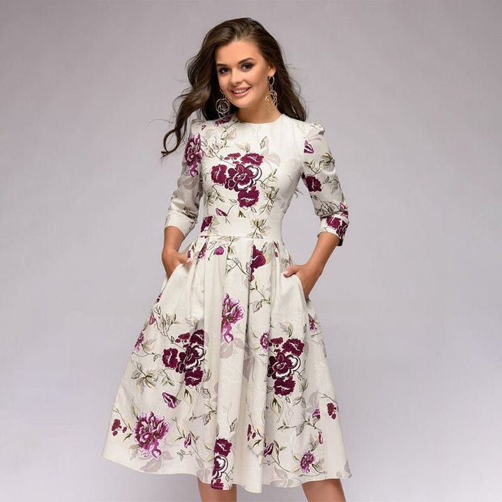 Women's Elegant Retro A-Line Midi Dress with 3/4 puffed sleeves. Perfect for party or vintage fashion.
