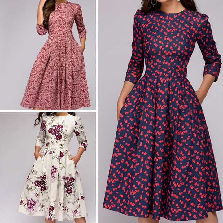 Stylish women's 3/4 sleeve A-line midi dress, a bestseller. Elegant retro style perfect for any event.