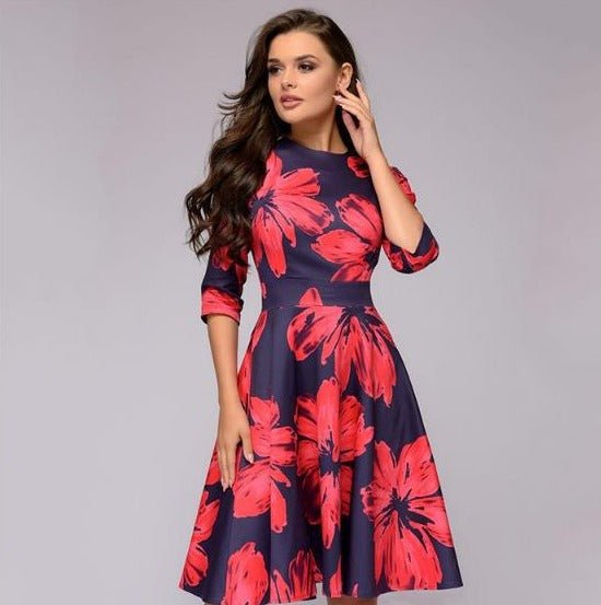 Chic retro midi dress for women, featuring a flattering A-line silhouette and elegant 3/4 sleeves.