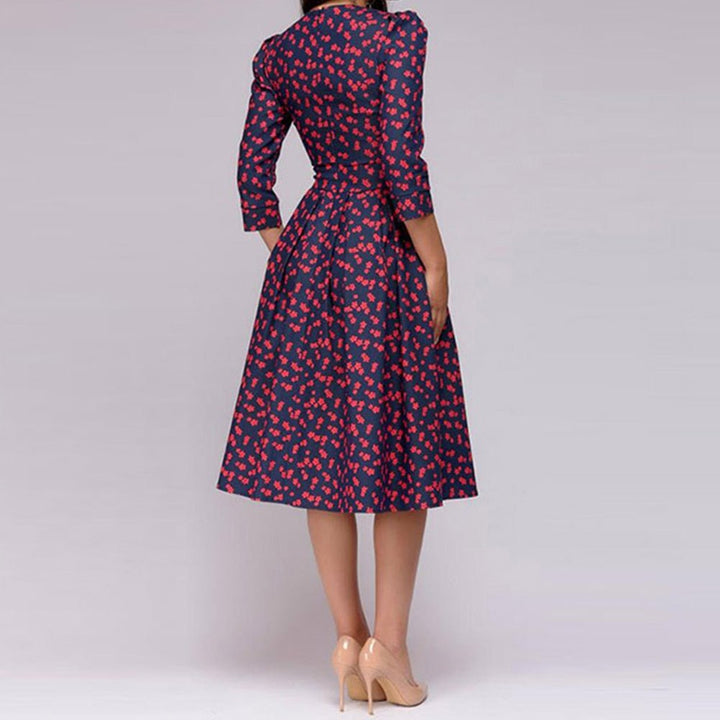 Modest women's elegant A-line midi dress with 3/4 sleeves. Perfect for events, casual wear, or vintage style.